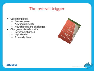 The overall trigger
● Customer project
– New customer
– New requirements
– New chances and challenges
● Changes on Amadeus side
– Personnel changes
– Digitalization
– Externally driven
 