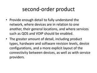 second-order product
• Provide enough detail to fully understand the
network, where devices are in relation to one
another, their general locations, and where services
such as QOS and VOIP should be enabled.
• The greater amount of detail, including product
types, hardware and software revision levels, device
configurations, and a more explicit layout of the
connectivity between devices, as well as with service
providers.
 