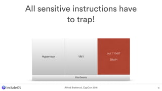 12
Hardware
Hypervisor VM1
out ‘!’ 0x87
TRAP!
All sensitive instructions have
to trap!
Alfred Bratterud, CppCon 2016
 