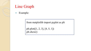 Line Graph
 Example:
from matplotlib import pyplot as plt
plt.plot([1, 2, 3], [4, 5, 1])
plt.show()
 