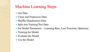 Machine Learning Steps
 Get Data
 Clean and Preprocess Data
 Shuffle (Randomize) Data
 Split into Training/Test Data
 Set Model Parameters - Learning Rate, Loss Function, Optimizer
 Training the Model
 Evaluate the Model
 Use the Model
 