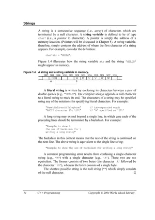 14 C++ Programming Copyright © 2004 World eBook Library
Strings
A string is a consecutive sequence (i.e., array) of characters which are
terminated by a null character. A string variable is defined to be of type
char* (i.e., a pointer to character). A pointer is simply the address of a
memory location. (Pointers will be discussed in Chapter 5). A string variable,
therefore, simply contains the address of where the first character of a string
appears. For example, consider the definition:
char*str = "HELLO";
Figure 1.4 illustrates how the string variable str and the string "HELLO"
might appear in memory.
Figure 1.4 A string and a string variable in memory.
1211 1212 1213 1214 1215 1216 1217
... 'H' 'E' 'L' 'L' 'O' '0'
1210120912081207 1218
1212
str
...
A literal string is written by enclosing its characters between a pair of
double quotes (e.g., "HELLO"). The compiler always appends a null character
to a literal string to mark its end. The characters of a string may be specified
using any of the notations for specifying literal characters. For example:
"NametAddresstTelephone" // tab-separated words
"ASCII character 65: 101" // 'A' specified as '101'
A long string may extend beyond a single line, in which case each of the
preceding lines should be terminated by a backslash. For example:
"Example to show 
the use of backslash for 
writing a long string"
The backslash in this context means that the rest of the string is continued on
the next line. The above string is equivalent to the single line string:
"Example to show the use of backslash for writing a long string"
A common programming error results from confusing a single-character
string (e.g., "A") with a single character (e.g., 'A'). These two are not
equivalent. The former consists of two bytes (the character 'A' followed by
the character '0'), whereas the latter consists of a single byte.
The shortest possible string is the null string ("") which simply consists
of the null character.
 