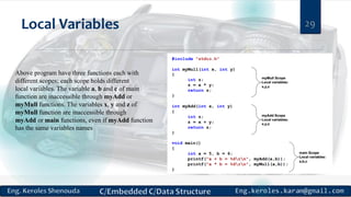 Local Variables 29
Above program have three functions each with
different scopes; each scope holds different
local variables. The variable a, b and c of main
function are inaccessible through myAdd or
myMull functions. The variables x, y and z of
myMull function are inaccessible through
myAdd or main functions, even if myAdd function
has the same variables names
 
