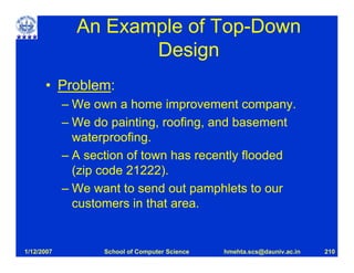 An Example of Top-Down
                     Design
      • Problem:
            – We own a home improvement company.
            – We do painting, roofing, and basement
              waterproofing.
            – A section of town has recently flooded
              (zip code 21222).
            – We want to send out pamphlets to our
              customers in that area.


1/12/2007          School of Computer Science   hmehta.scs@dauniv.ac.in   210
 