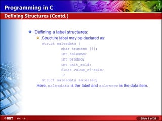 Defining a label structures: Structure label may be declared as: struct salesdata { char transno [4]; int salesno; int prodno; int unit_sold; float value_of-sale; }; struct salesdata salesrec; Here,  salesdata  is the label and  salesrec  is the data item. Defining Structures (Contd.) 