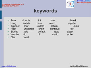 keywords Auto  double  int  struct  break Long  switch  case  enum  register Typedef  char  extern  return  union Float  unsigned  short  continue  for Signed  void  default  goto  sizeof  Volatile  do  if  static  while Else  const 