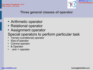 Three general classes of operator Arithmetic operator Relational operator Assignment operator Special operators to perform particular task Ternary (conditional) operator Size of operator Comma operator & Operator . and -> operator 
