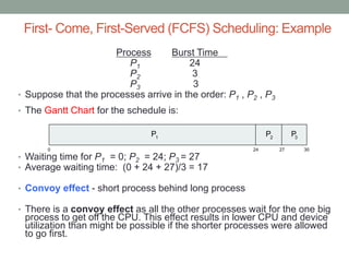 First- Come, First-Served (FCFS) Scheduling: Example
Process Burst Time
P1 24
P2 3
P3 3
• Suppose that the processes arrive in the order: P1 , P2 , P3
• The Gantt Chart for the schedule is:
• Waiting time for P1 = 0; P2 = 24; P3 = 27
• Average waiting time: (0 + 24 + 27)/3 = 17
• Convoy effect - short process behind long process
• There is a convoy effect as all the other processes wait for the one big
process to get off the CPU. This effect results in lower CPU and device
utilization than might be possible if the shorter processes were allowed
to go first.
P P P1 2 3
0 24 3027
 
