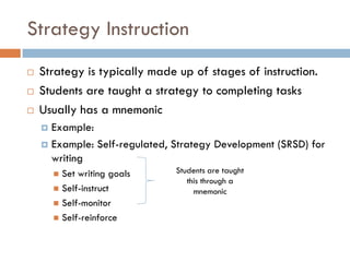 Strategy Instruction
   Strategy is typically made up of stages of instruction.
   Students are taught a strategy to completing tasks
   Usually has a mnemonic
     Example:
     Example: Self-regulated, Strategy Development (SRSD) for
      writing
         Set writing goals    Students are taught
                                  this through a
         Self-instruct             mnemonic
         Self-monitor
         Self-reinforce
 