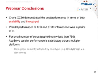 Copyright © 2013 Altair Engineering, Inc. Proprietary and Confidential. All rights reserved.
Webinar Conclusions
•  Cray’s XC30 demonstrated the best performance in terms of both
scalability and throughput
•  Parallel performance of XE6 and XC30 interconnect was superior
to IB
•  For small number of cores (approximately less than 750),
AcuSolve parallel performance is satisfactory across multiple
platforms
•  Throughput is mostly affected by core type (e.g. SandyBridge v.s.
Westmere)
26
 