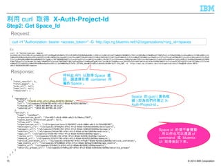© 2014 IBM Corporation
利用 curl 取得 X-Auth-Project-Id
Step2: Get Space_Id
10
Request:
Response:
curl -H "Authorization: bearer <access_token>" -G http://api.ng.bluemix.net/v2/organizations/<org_id>/spaces
Ex:
Space id 的值不會變動
, 所以你也可以透過 cf
command 或 bluemix
UI 取得後記下來。
呼叫此 API 以取得 Space 資
訊 , 請選擇目標 container 所
屬的 Space 。
Space 的 guid ( 黃色框
線 ) 即為我們所需之 X-
Auth-Project-id 。
 