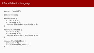 A Data Deﬁnition Language
syntax = "proto3";
package models;
message User {
string id = 1;
string name = 2;
repeated PlantList plantLists = 3;
}
message PlantList {
string id = 1;
string name = 2;
repeated PlantListItem plants = 11;
}
message PlantListItem {
string id = 1;
string botanical_name = 2;
}
 