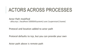 ACTORS ACROSS PROCESSES
Actor Path modified
 akka.tcp://localhost:50000@{system}/user/{supervisor}/{name}
Protocol and location added to actor path
Protocol defaults to tcp, but you can provide your own
Actor path above is remote path
 