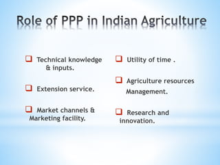  Technical knowledge
& inputs.
 Extension service.
 Market channels &
Marketing facility.
 Utility of time .
 Agriculture resources
Management.
 Research and
innovation.
 