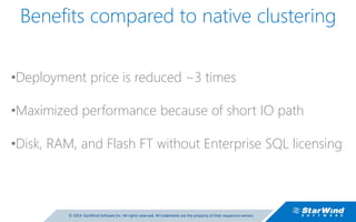 •Deployment price is reduced ~3 times
•Maximized performance because of short IO path
•Disk, RAM, and Flash FT without Enterprise SQL licensing
Benefits compared to native clustering
 