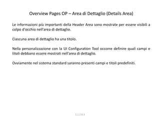 Overview Pages OP – Area di Dettaglio (Details Area)
Le informazioni più importanti della Header Area sono mostrate per essere visibili a
colpo d'occhio nell'area di dettaglio.
Ciascuna area di dettaglio ha una titolo.
Nella personalizzazione con la UI Configuration Tool occorre definire quali campi e
titoli debbano essere mostrati nell'area di dettaglio.
Ovviamente nel sistema standard saranno presenti campi e titoli predefiniti.
1.1.2.8.3
 