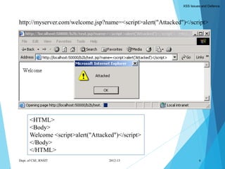 Dept. of CSE, RNSIT 2012-13 6
http://myserver.com/welcome.jsp?name=<script>alert("Attacked")</script>
<HTML>
<Body>
Welcome <script>alert("Attacked")</script>
</Body>
</HTML>
XSS Issues and Defence
 