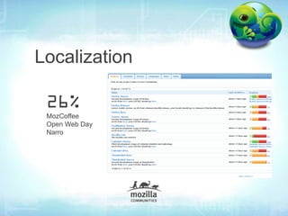 Localization

 MozCoffee
 Open Web Day
 Narro
 