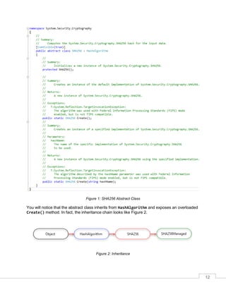 12
Figure 1: SHA256 Abstract Class
You will notice that the abstract class inherits from HashAlgorithm and exposes an overloaded
Create() method. In fact, the inheritance chain looks like Figure 2.
Figure 2: Inheritance
 