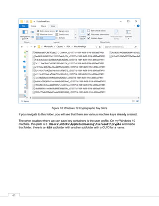 41
Figure 18: Windows 10 Cryptographic Key Store
If you navigate to this folder, you will see that there are various machine keys already created.
The other location where we can save key containers is the user profile. On my Windows 10
machine, this path is C:Users<USER>AppDataRoamingMicrosoftCrypto and inside
that folder, there is an RSA subfolder with another subfolder with a GUID for a name.
 