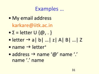 Examples …
• My email address
karkare@iitk.ac.in
• Σ = letter U {@, . }
• letter J a| b| …| z| A| B| …| Z
• name J letter+
• address J name ‘@’ name ‘.’
name ‘.’ name
31
 
