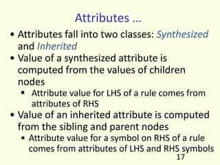 Attributes …
• Attributes fall into two classes: Synthesized
and Inherited
• Value of a synthesized attribute is
computed from the values of children
nodes
ƒ Attribute value for LHS of a rule comes from
attributes of RHS
• Value of an inherited attribute is computed
from the sibling and parent nodes
• Attribute value for a symbol on RHS of a rule
comes from attributes of LHS and RHS symbols
17
 