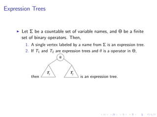 Expression Trees
I Let ⌃ be a countable set of variable names, and ⇥ be a finite
set of binary operators. Then,
1. A single vertex labeled by a name from ⌃ is an expression tree.
2. If T1 and T2 are expression trees and ✓ is a operator in ⇥,
then
T T
1 2
θ
is an expression tree.
 