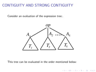 CONTIGUITY AND STRONG CONTIGUITY
Consider an evaluation of the expression tree:.
op
A
T
1 2 k
k
2
1
T T
A A
....
This tree can be evaluated in the order mentioned below:
 