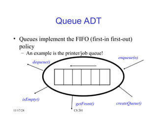 11/17/24 CS 201
Queue ADT
• Queues implement the FIFO (first-in first-out)
policy
– An example is the printer/job queue!
enqueue(o)
dequeue()
isEmpty()
getFront() createQueue()
 