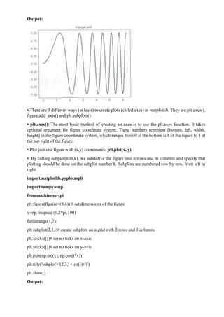 Output:
• There are 3 different ways (at least) to create plots (called axes) in matplotlib. They are:plt.axes(),
figure.add_axis() and plt.subplots()
• plt.axes(): The most basic method of creating an axes is to use the plt.axes function. It takes
optional argument for figure coordinate system. These numbers represent [bottom, left, width,
height] in the figure coordinate system, which ranges from 0 at the bottom left of the figure to 1 at
the top right of the figure.
• Plot just one figure with (x,y) coordinates: plt.plot(x, y).
• By calling subplot(n,m,k), we subdidive the figure into n rows and m columns and specify that
plotting should be done on the subplot number k. Subplots are numbered row by row, from left to
right.
importmatplotlib.pyplotasplt
importnumpyasnp
frommathimportpi
plt.figure(figsize=(8,4)) # set dimensions of the figure
x=np.linspace (0,2*pi,100)
foriinrange(1,7):
plt.subplot(2,3,i)# create subplots on a grid with 2 rows and 3 columns
plt.xticks([])# set no ticks on x-axis
plt.yticks([])# set no ticks on y-axis
plt.plot(np.sin(x), np.cos(i*x))
plt.title('subplot'+'(2,3,' + str(i)+')')
plt.show()
Output:
 