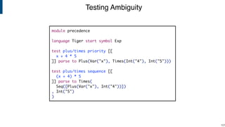 Testing Ambiguity
!107
module precedence
language Tiger start symbol Exp
test plus/times priority [[
x + 4 * 5
]] parse to Plus(Var("x"), Times(Int("4"), Int("5")))
test plus/times sequence [[
(x + 4) * 5
]] parse to Times(
Seq([Plus(Var("x"), Int("4"))])
, Int("5")
)
 