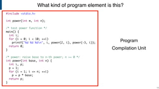 What kind of program element is this?
!13
#include <stdio.h>
int power(int m, int n);
/* test power function */
main() {
int i;
for (i = 0; i < 10; ++i)
printf("%d %d %dn", i, power(2, i), power(-3, i));
return 0;
}
/* power: raise base to n-th power; n >= 0 */
int power(int base, int n) {
int i, p;
p = 1;
for (i = 1; i <= n; ++i)
p = p * base;
return p;
}
Program
Compilation Unit
 