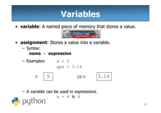 Variables
• variable: A named piece of memory that stores a value.


• assignment: Stores a value into a variable.
   – Syntax:
      name = expression
   – Examples:       x = 5
                     gpa = 3.14

         x       5              gpa           3.14


   – A variable can be used in expressions.
                     x + 4 is 9
                                                           13
 
