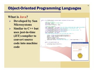 13
ObjectObjectObjectObject----Oriented Programming LanguagesOriented Programming LanguagesOriented Programming LanguagesOriented Programming Languages
What is Java?
Developed by Sun
Microsystems
Similar to C++ but
uses just-in-time
(JIT) compiler to(JIT) compiler to
convert source
code into machine
code
 