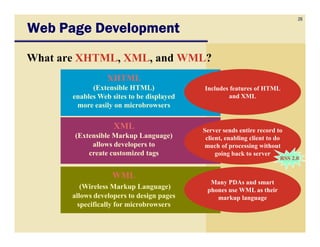26
Web Page DevelopmentWeb Page DevelopmentWeb Page DevelopmentWeb Page Development
What are XHTML, XML, and WML?
XHTMLXHTML
(Extensible HTML)
enables Web sites to be displayed
more easily on microbrowsers
XMLXML
Includes features of HTML
and XML
XMLXML
(Extensible Markup Language)
allows developers to
create customized tags
WMLWML
(Wireless Markup Language)
allows developers to design pages
specifically for microbrowsers
Many PDAs and smart
phones use WML as their
markup language
Server sends entire record to
client, enabling client to do
much of processing without
going back to server
RSS 2.0
 