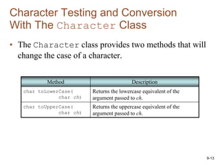 9-13
Character Testing and Conversion
With The Character Class
• The Character class provides two methods that will
change the case of a character.
Method Description
char toLowerCase(
char ch)
Returns the lowercase equivalent of the
argument passed to ch.
char toUpperCase(
char ch)
Returns the uppercase equivalent of the
argument passed to ch.
 
