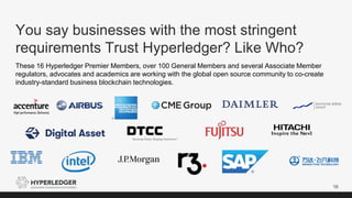 You say businesses with the most stringent
requirements Trust Hyperledger? Like Who?
16
These 16 Hyperledger Premier Members, over 100 General Members and several Associate Member
regulators, advocates and academics are working with the global open source community to co-create
industry-standard business blockchain technologies.
 