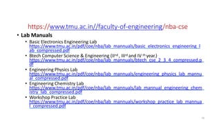 https://www.tmu.ac.in//faculty-of-engineering/nba-cse
• Lab Manuals
• Basic Electronics Engineering Lab
https://www.tmu.ac.in/pdf/coe/nba/lab_mannuals/basic_electronics_engineering_l
ab_compressed.pdf
• Btech Computer Science & Engineering (IInd , IIIrd and IV th year.)
https://www.tmu.ac.in/pdf/coe/nba/lab_mannuals/btech_cse_2_3_4_compressed.p
df
• Engineering Physics Lab
https://www.tmu.ac.in/pdf/coe/nba/lab_mannuals/engineering_physics_lab_mannu
al_compressed.pdf
• Engineering Chemistry Lab
https://www.tmu.ac.in/pdf/coe/nba/lab_mannuals/lab_mannual_engineering_chem
istry_lab_compressed.pdf
• Workshop Practice Lab
https://www.tmu.ac.in/pdf/coe/nba/lab_mannuals/workshop_practice_lab_mannua
l_compressed.pdf
70
Web Links
 