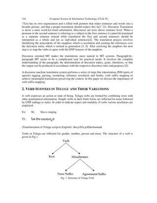 144 Computer Science & Information Technology (CS & IT)
“Text has its own organization and is filled with pointers that relate sentences and words into a
broader picture, and that a proper translation should respect this fact” [1]. Discourse Translation
is never a mere word-for-word substitution. Discourses are texts above sentence level. When a
pronoun in the second sentence is referring to a subject in the first sentence it cannot be translated
as a separate sentence instead while translation the first and second sentences should be
interpreted as a whole and not as individual sentences[2]. The translation process involves
identifying the antecedents of the anaphors which is resolution and creating the references over
the discourse entity which is termed as generation [3, 4]. After resolving the anaphors the next
step is to map the verbs to agree with the GNP features of the anaphors.
Discourse oriented MT makes the translations more natural in MT systems. Paragraph-by-
paragraph MT seems to be a complicated task for practical needs. It involves the complete
understanding of the paragraph, the determination of discourse topics, goals, intentions, so that
the output can be produced in accordance with the respective discourse rules and purposes [5].
A discourse machine translation system performs a series of steps like tokenization, POS (parts of
speech) tagging, parsing, reordering, reference resolution and finally, verb suffix mapping to
achieve meaningful translations preserving the context. In this paper we discuss the importance of
verb suffix mapping.
2. VERB SUFFIXES IN TELUGU AND THEIR VARIATIONS
A verb expresses an action or state of being. Telugu verbs are formed by combining roots with
other grammatical information. Simple verbs in their finite forms are inflected for tense followed
by GNP endings or states. In order to indicate aspect and modality of verbs various auxiliaries are
employed
Ex: SL: Sita is singing
TL:
(Transliteration of Telugu script to English): sIta pATa pADuchunnadi
Verbs in Telugu are inflected for gender, number, person and tense. The structure of a verb is
given in Fig 1.
Fig. 1: Structure of Telugu Verb
 