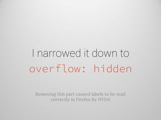 I narrowed it down to overflow: hidden 
Removing this part caused labels to be read correctly in Firefox by NVDA  