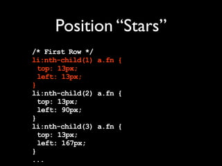 Position “Stars”
/* First Row */
li:nth-child(1) a.fn {
  top: 13px;
  left: 13px;
}
li:nth-child(2) a.fn {
  top: 13px;
  left: 90px;
}
li:nth-child(3) a.fn {
  top: 13px;
  left: 167px;
}
...
 