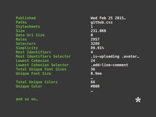 Published Wed Feb 25 2015…
Paths github.css
Stylesheets 1
Size 231.0KB
Data Uri Size 0
Rules 2957
Selectors 3289
Simplicity 89.91%
Most Identifiers 4
Most Identifiers Selector .is-uploading .avatar…
Lowest Cohesion 24
Lowest Cohesion Selector .add-line-comment
Total Unique Font Sizes 36
Unique Font Size 0.9em
…
Total Unique Colors 66
Unique Color #000
…
and so on…
 