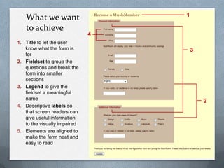 1
   What we want
   to achieve
                              4
1. Title to let the user
   know what the form is              3
   for
2. Fieldset to group the
   questions and break the
   form into smaller
   sections
3. Legend to give the
   fieldset a meaningful
   name                                   2
4. Descriptive labels so
   that screen readers can
   give useful information
   to the visually impaired
5. Elements are aligned to
   make the form neat and
   easy to read
 