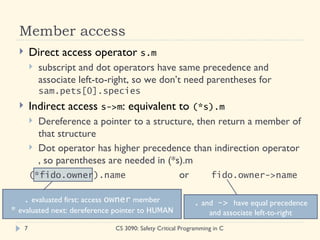Member access
         Direct access operator s.m
             subscript and dot operators have same precedence and
              associate left-to-right, so we don’t need parentheses for
              sam.pets[0].species
         Indirect access s->m: equivalent to (*s).m
           Dereference a pointer to a structure, then return a member of
            that structure
           Dot operator has higher precedence than indirection operator
            , so parentheses are needed in (*s).m
          (*fido.owner).name                  or     fido.owner->name

   . evaluated first: access owner member                    . and -> have equal precedence
* evaluated next: dereference pointer to HUMAN                     and associate left-to-right
      7                         CS 3090: Safety Critical Programming in C
 