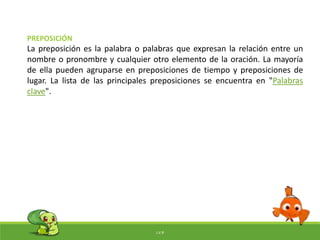 PREPOSICIÓN
La preposición es la palabra o palabras que expresan la relación entre un
nombre o pronombre y cualquier otro elemento de la oración. La mayoría
de ella pueden agruparse en preposiciones de tiempo y preposiciones de
lugar. La lista de las principales preposiciones se encuentra en "Palabras
clave".
J.V.R
 
