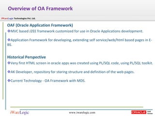 OAF (Oracle Application Framework) MVC based J2EE framework customized for use in Oracle Applications development. Application Framework for developing, extending self service/web/html based pages in E-BS. Historical Perspective Very first HTML screen in oracle apps was created using PL/SQL code, using PL/SQL toolkit. AK Developer, repository for storing structure and definition of the web pages. Current Technology - OA Framework with MDS. Overview of OA Framework  