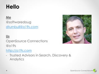 Hello
Me
@softwaredoug
dturnbull@o19s.com
Us
OpenSource Connections
@o19s
http://o19s.com
- Trusted Advisors in Search, Discovery &
Analytics
OpenSource Connections
 