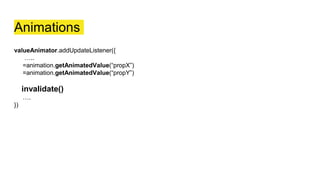 Animations
valueAnimator.addUpdateListener({
…..
=animation.getAnimatedValue(“propX”)
=animation.getAnimatedValue(“propY”)
invalidate()
….
})
 