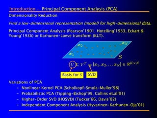 Introduction – Principal Component Analysis (PCA)
Dimensionality Reduction

Find a low-dimensional representation (model) for high-dimensional data.
Principal Component Analysis (Pearson’1901, Hotelling’1933, Eckart &
Young’1936) or Karhunen-Loeve transform (KLT).




                           Basis for S   SVD
Variations of PCA
    – Nonlinear Kernel PCA (Scholkopf-Smola-Muller’98)
    – Probabilistic PCA (Tipping-Bishop’99, Collins et.al’01)
    – Higher-Order SVD (HOSVD) (Tucker’66, Davis’02)
    – Independent Component Analysis (Hyvarinen-Karhunen-Oja’01)
 