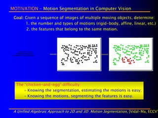 MOTIVATION – Motion Segmentation in Computer Vision

 Goal: Given a sequence of images of multiple moving objects, determine:
 –     1. the number and types of motions (rigid-body, affine, linear, etc.)
        2. the features that belong to the same motion.




        QuickTime™ and a
     Cinepak decompressor
are needed to see this picture.




     The “chicken-and-egg” difficulty:
         – Knowing the segmentation, estimating the motions is easy;
         – Knowing the motions, segmenting the features is easy.


 A Unified Algebraic Approach to 2D and 3D Motion Segmentation, [Vidal-Ma, ECCV’
 